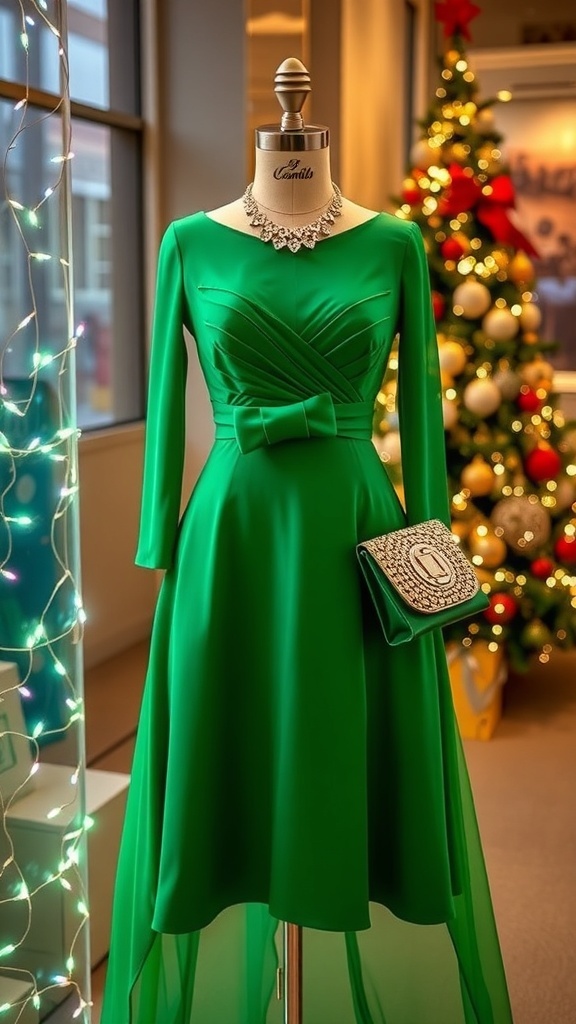 Elegant Green Christmas Dress Outfit Elegant green Christmas dress with festive accessories in a holiday setting.